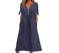 Women' Summer Dresses 2026 Solid Dress with Cut-out V-Neck, Lace Ruffle Long Plain Short Sleeve(Navy,3XL)