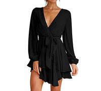 Women' Summer Dresses 2026 V-Neck Elegant Casual Loose Long Sleeve Bowknot Bandage Cotton Oversize Fashion Clothing(Wine Red,L)