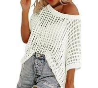 Women Summer Five Quarter Sleeve Cut-out Pick-up Crochet Tops Off The Shoulder Pullover Beach Smock Knitted Jumper (White,M)