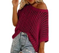 Women Summer Five Quarter Sleeve Cut-out Pick-up Crochet Tops Off The Shoulder Pullover Beach Smock Knitted Jumper (Rose Red,XXL)