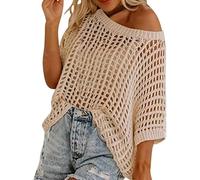 Women Summer Five Quarter Sleeve Cut-out Pick-up Crochet Tops Off The Shoulder Pullover Beach Smock Knitted Jumper (Apricot,L)