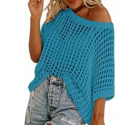 Women Summer Five Quarter Sleeve Cut-out Pick-up Crochet Tops Off The Shoulder Pullover Beach Smock Knitted Jumper (Peacock Blue,XXL)