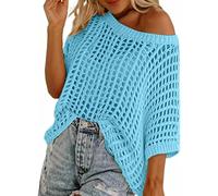 Women Summer Five Quarter Sleeve Cut-out Pick-up Crochet Tops Off The Shoulder Pullover Beach Smock Knitted Jumper (Light Blue,M)