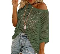 Women Summer Five Quarter Sleeve Cut-out Pick-up Crochet Tops Off The Shoulder Pullover Beach Smock Knitted Jumper (Army Green,S)