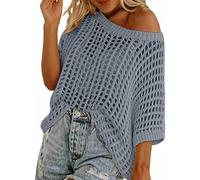 Women Summer Five Quarter Sleeve Cut-out Pick-up Crochet Tops Off The Shoulder Pullover Beach Smock Knitted Jumper (Grey,M)