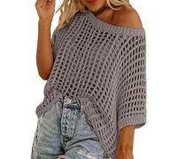 Women Summer Five Quarter Sleeve Cut-out Pick-up Crochet Tops Off The Shoulder Pullover Beach Smock Knitted Jumper (Khaki,M)