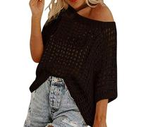 Women Summer Five Quarter Sleeve Cut-out Pick-up Crochet Tops Off The Shoulder Pullover Beach Smock Knitted Jumper (Black,XXL)