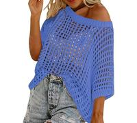 Women Summer Five Quarter Sleeve Cut-out Pick-up Crochet Tops Off The Shoulder Pullover Beach Smock Knitted Jumper (Blue,S)