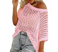 Women Summer Five Quarter Sleeve Cut-out Pick-up Crochet Tops Off The Shoulder Pullover Beach Smock Knitted Jumper (Pink,L)