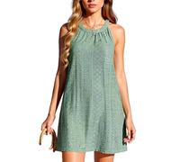 Women Summer Halter Neck Sleeveless Eyelet Lace Dress Casual A-Line Swing Mini Dress Solid Color Beach Vacation Sweet Elegant Hollow out Sundress
