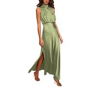 Women Summer Long Formal Satin Dress with Stand Collar Sleeveless Side Slits Flowy Maxi Strap Dresses(Blue,XXL)