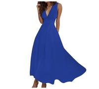 Women' Summer Sexy Deep V-Neck Formal Sleeveless Long Dress Gradient Zip Swing Dresses(Blue,L)