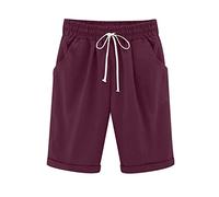 Women Summer Shorts with Pockets Plus Size Elastic Waist Solid Color Bottoms Loose Fit Casual Shorts Holiday Knee Length Pants C-169