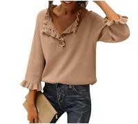 Women Sweaters Fall Winter Clothes 2025 Long Sleeve Button Down Ruffle Crew Neck Casual Knitted Pullover Soft Tops