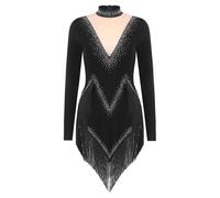 Women Tango Leotard Dresses Tassel Dancewear Fringe Cha Ballroom Costume Long Sleeve Samba Latin Dance Fringed Bodysuit(Black,S)