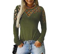 Women Tops T-Shirt Hollow-out Cold Shoulder Long Sleeve Rhinestone Studded Casual Blouse Shirts with Diamond