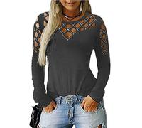Women Tops T-Shirt Hollow-out Cold Shoulder Long Sleeve Rhinestone Studded Casual Blouse Shirts with Diamond