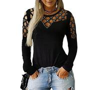 Women Tops T-Shirt Hollow-out Cold Shoulder Long Sleeve Rhinestone Studded Casual Blouse Shirts with Diamond