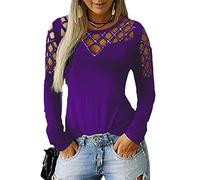 Women Tops T-Shirt Hollow-out Cold Shoulder Long Sleeve Rhinestone Studded Casual Blouse Shirts with Diamond