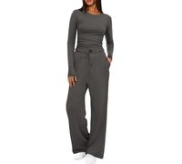 Women Two Piece Set Long Sleeve Top Wide Leg Pants Casual Lounge Outfit (Dark Gray,L)