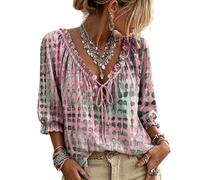 Women V Neck Polka Dot Lace Up 3/4 Sleeve Blouse Loose Flowy Casual Summer Work Vacation Top (Pink,XL)