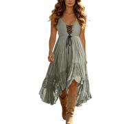 Women Vintage Cowgirl Midi Dress Sleeveless Ruffle Irregular Hem V Neck Spaghetti Strap Western Sundress