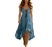 Women Vintage Cowgirl Midi Dress Sleeveless Ruffle Irregular Hem V Neck Spaghetti Strap Western Sundress