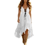 Women Vintage Cowgirl Midi Dress Sleeveless Ruffle Irregular Hem V Neck Spaghetti Strap Western Sundress