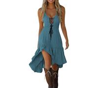 Women Vintage Cowgirl Midi Dress Sleeveless Ruffle Irregular Hem V Neck Spaghetti Strap Western Sundress (Blue,XXL)