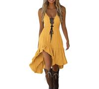 Women Vintage Cowgirl Midi Dress Sleeveless Ruffle Irregular Hem V Neck Spaghetti Strap Western Sundress (Yellow,XXL)