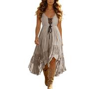 Women Vintage Cowgirl Midi Dress Sleeveless Ruffle Irregular Hem V Neck Spaghetti Strap Western Sundress