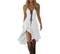 Women Vintage Cowgirl Midi Dress Sleeveless Ruffle Irregular Hem V Neck Spaghetti Strap Western Sundress (White,XXL)