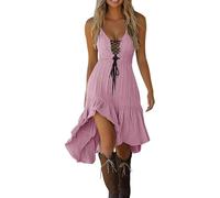 Women Vintage Cowgirl Midi Dress Sleeveless Ruffle Irregular Hem V Neck Spaghetti Strap Western Sundress (Pink,S)