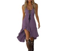 Women Vintage Cowgirl Midi Dress Sleeveless Ruffle Irregular Hem V Neck Spaghetti Strap Western Sundress (Purple,XXL)