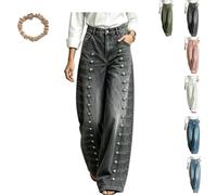 Women Vintage High Rise Wide Leg Jeans with Metal Double Side Button Strap | Wide Leg Baggy Denim Pants with Pockets,Straight Leg,Multi-Button Embellished Trendy Streetwear,Suitable for Daily