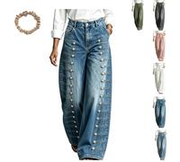 Women Vintage High Rise Wide Leg Jeans with Metal Double Side Button Strap | Wide Leg Baggy Denim Pants with Pockets,Straight Leg,Multi-Button Embellished Trendy Streetwear,Suitable for Daily