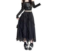 Women White Lace Ruffles Midi Skirt Vintage Mesh Oversized Casual Elegant Party Fashion Loose Maxi Skirts(Black,S)