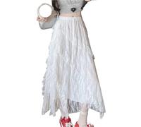 Women White Lace Ruffles Midi Skirt Vintage Mesh Oversized Casual Elegant Party Fashion Loose Maxi Skirts(White,L)