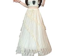 Women White Lace Ruffles Midi Skirt Vintage Mesh Oversized Casual Elegant Party Fashion Loose Maxi Skirts(Apricot,M)