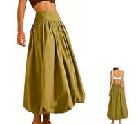 Women Y2k Bubble Maxi Skirt, A-Line Flowy Ruffle Pleated Bubble Hem Long Skirt, Elastic Low Waist with Pockets (Green,S)