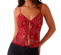 Women Y2k Sequin Cami Top Sequin Tank Top V-Neck Low-Cut Front Tie Cropped Backless Glitter Camisole Sexy Sparkle Lace Up Crop Top Sexy V-neck Open Back Criss Cross Strap Cropped Tank (RED,S)