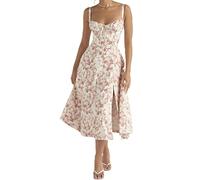 Women Y2k Square Neck Floral Long Dress Low Cut,Square Neck Dresses with Slits Corset Midi Dresses,Bustier Sundress Corset Back,Sleeveless Bustier Midi Dress Going out Spaghetti Strap Sundress