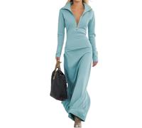 Women Zipper Polo Collar V-Neck Long Dresses - A-Line Bodycon Maxi Dress with Long Sleeves, Casual Pullover Midi Dress (Blue,XXL)