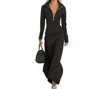 Women Zipper Polo Collar V-Neck Long Dresses - A-Line Bodycon Maxi Dress with Long Sleeves, Casual Pullover Midi Dress (Black,L)