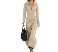 Women Zipper Polo Collar V-Neck Long Dresses - A-Line Bodycon Maxi Dress with Long Sleeves, Casual Pullover Midi Dress (Beige,XXL)