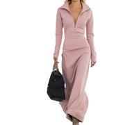 Women Zipper Polo Collar V-Neck Long Dresses - A-Line Bodycon Maxi Dress with Long Sleeves, Casual Pullover Midi Dress (Pink,XL)