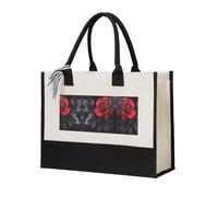 Womeng Bolsa de lona ecológica con estampado de rosas rojas y hojas negras, gran capacidad, viajes diarios de compras, escapadas de fin de semana