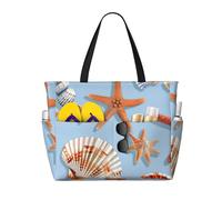 WOmeng Bolsa de playa plegable con estampado de estrellas de mar y conchas marinas, bolsa de conveniencia, bolsa de verano, vacaciones, picnic, camping, gimnasio, uso diario