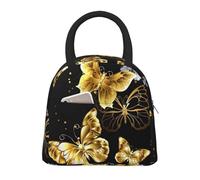 WOmeng Bolsas de almuerzo aisladas con estampado negro de mariposas blancas y doradas, bolsa portátil de gran capacidad, para la escuela, senderismo, salidas a la playa
