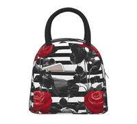 WOmeng Bolsas de almuerzo aisladas de gran capacidad con diseño de rosas rojas y negras y blancas, bolsa portátil para la escuela, senderismo, playa, salidas